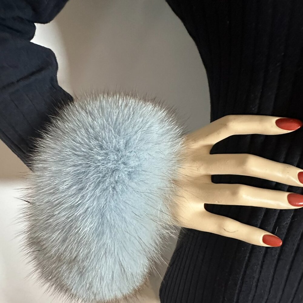 Light Blue Fox Fur Cuffs w/ Black Highlights - Picture 3 of 3